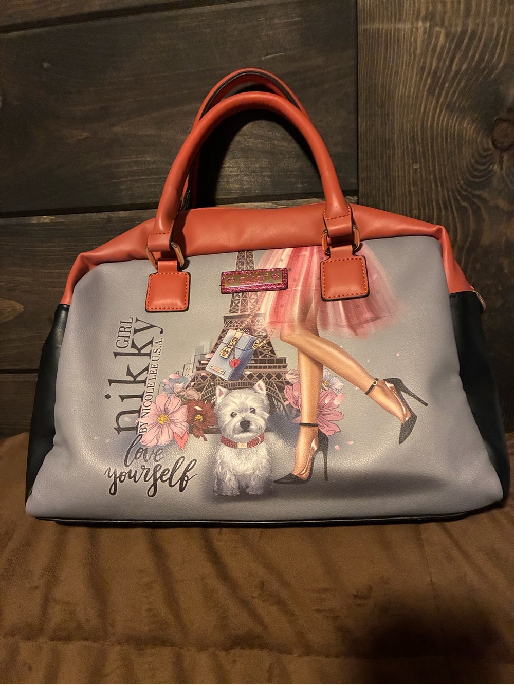 Nicole Lee, Graphic Satchel Tote with Yorkie Dog & Eiffel Tower, love yourself